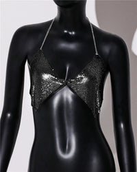 AKYZO Fashion Metal Sequins Camisole Summer Women Backless Halter Neck Off The Shoulder Crop Top Rave Vocal Concert Tank Top