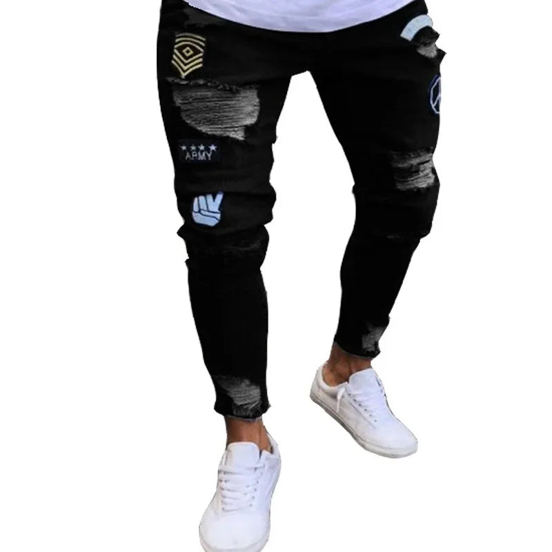 2023 White Embroidery Skinny Ripped Jeans Men Cotton Stretchy Slim Fit Hip Hop Denim Pants Casual Jeans for Men Jogging Trousers
