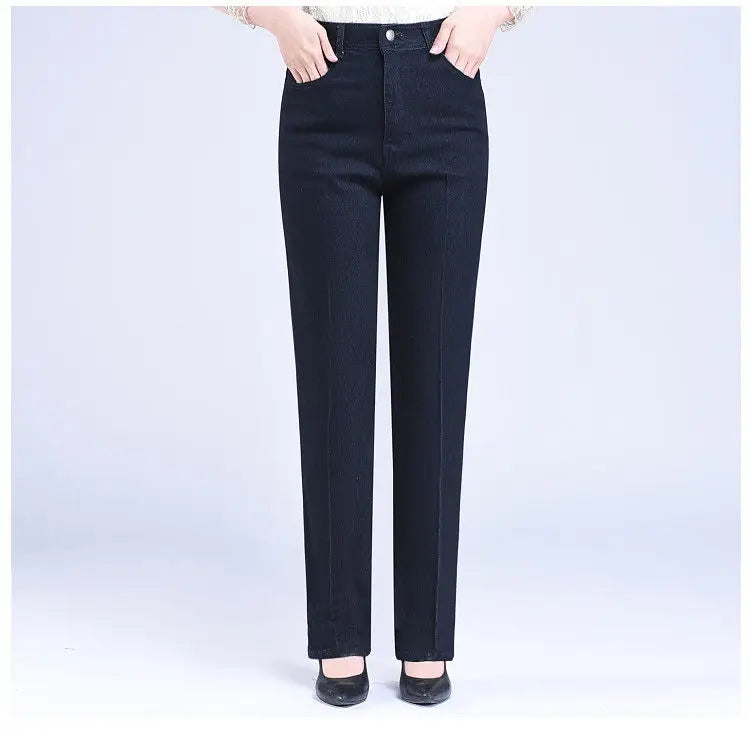 Middle-aged Women's Jeans Spring Autumn High Waist Solid Color Denim Pants Large Size Loose Female Straight Casual Cowboy Pants