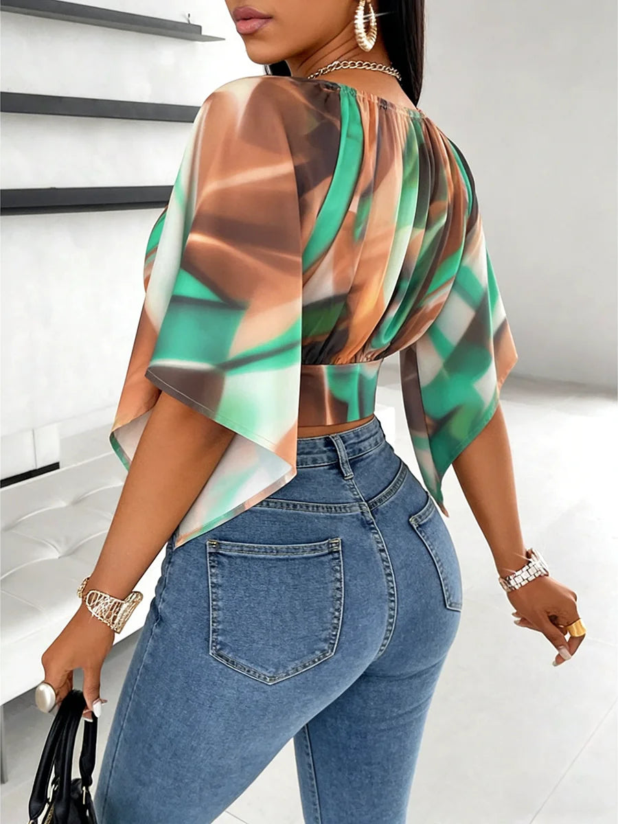 Women's Blouse Spring Summer Green Brown Tie Dye Print Batwing Sleeve Crop Top Valentine's Day Casual Sexy Party Top
