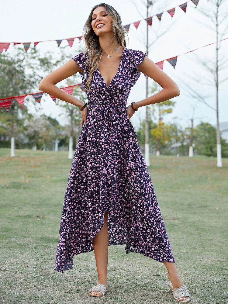 Sexy Elegant Floral Dress Summer Women Bohemian Holiday Long Dresses Green Irregular Casual Loose Bandage Sundress