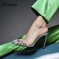 Eilyken Sexy Crystal Chain Thin High Heels Women Pumps Designer PVC Transparent Pointed Toe Stripper Party Ladies Shoes