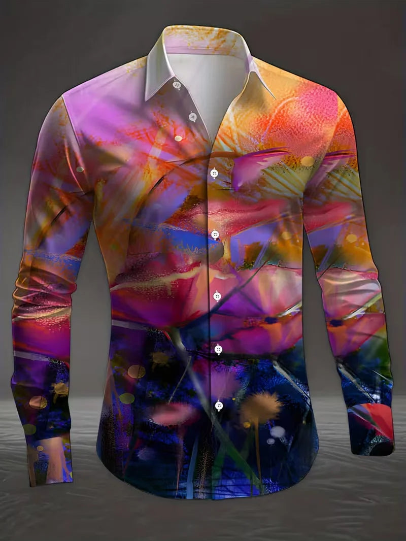 New men's fashionable 3D dragon print shirt casual long sleeved animal button design fashionable shirt top