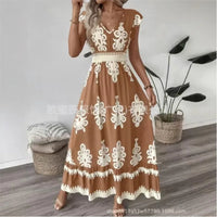 Women's Holiday Wind Beach Print Dress Summer Fashion High Waist Slim Body Casual V Neck Swing Elegant Ladies Office Long Dress