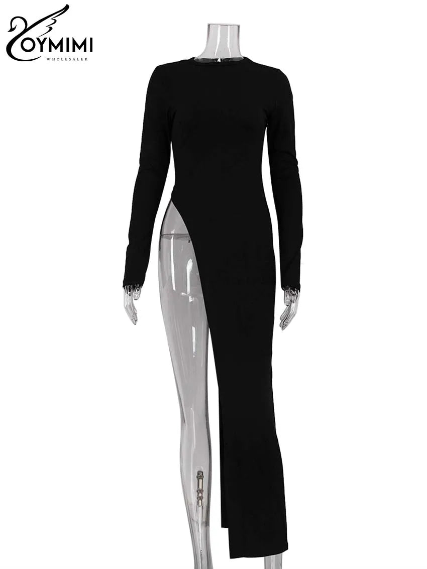 Oymimi Elegant Black Slim Women's Dress Fashion O-Neck Long Sleeve Solid Simple Dresses Spring New Irregular Floor-Length Dress