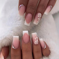 24pcs False Nails with glue flower design Long Coffin French Ballerina Fake Nails Full Cover acrylic Nail