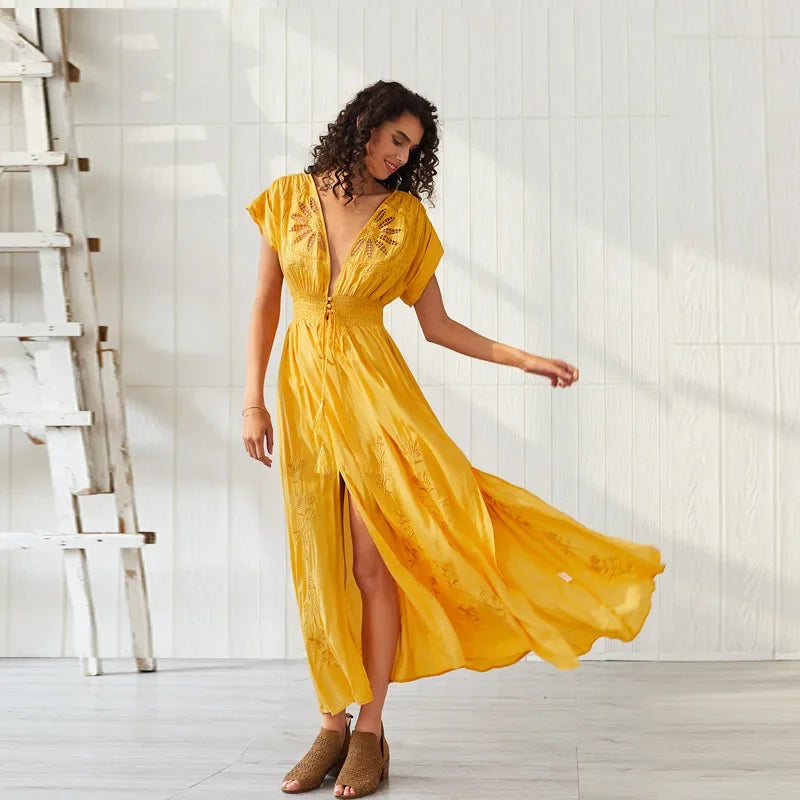 2023 Canwedance Boho Floor-length Dress V-neck Button Lace Up Yellow Maxi Dress Holiday Style Hollow Out Embroidery Dress