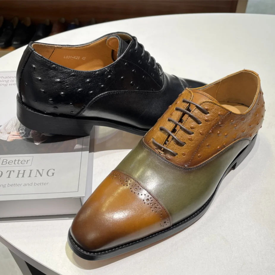 Italian Men's Wingtip Oxford Shoes Genuine Cowhide Fashion Men's Handmade Lace-Up Mixed Color Office Wedding Party Formal Shoes
