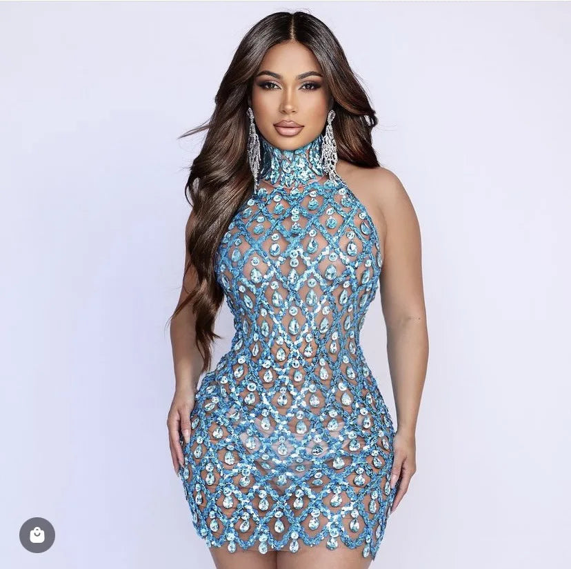 Transparent Mini dress Luxury halter Sleeveless burning man festival woman Wrapped Hip Party Stage