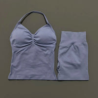 2 Pieces Sports Set Women Backless Halter Tops Fitness Tank Top High Waist Seamless High Stretch Shorts Gym Workout Sets