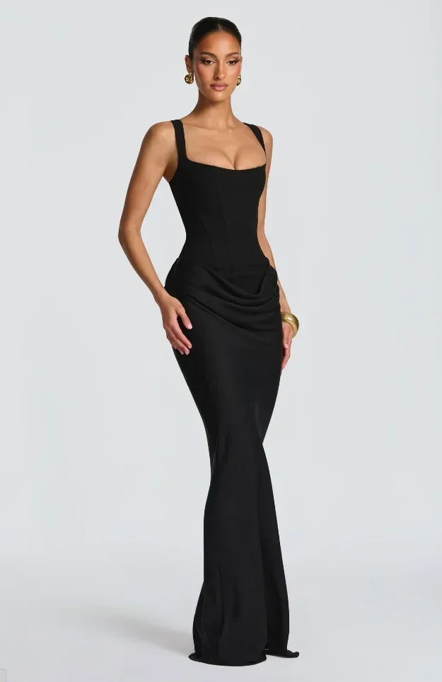 Solid Pleated Sling Dress Square Neck Sleeveless Off-shoulder Waist Cinching Slim Women Dresses Fashion Evening Party Gown 2025
