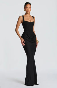 Solid Pleated Sling Dress Square Neck Sleeveless Off-shoulder Waist Cinching Slim Women Dresses Fashion Evening Party Gown 2025