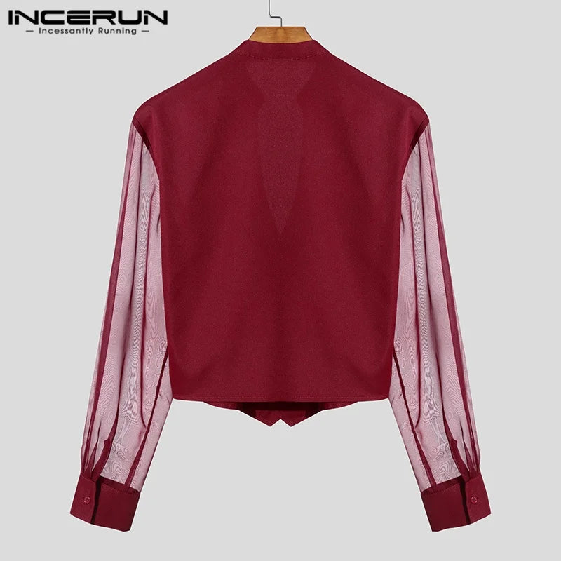 INCERUN Men Shirt Mesh Patchwork V Neck Long Sleeve Transparent Sexy Casual Male Shirts Streetwear Fashion Party Camisas 2025