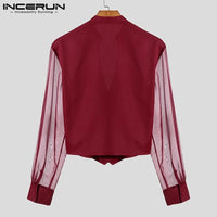 INCERUN Men Shirt Mesh Patchwork V Neck Long Sleeve Transparent Sexy Casual Male Shirts Streetwear Fashion Party Camisas 2025