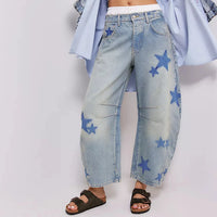 Boho Beach Blue Cotton Denim Jeans For Women Pants Casual loose Mid Waist Tube Shaped Women's Jeans Floral Printed Baggy Jeans