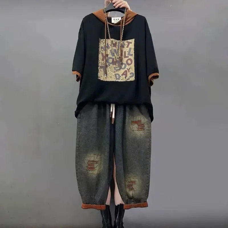 Jeans Set Women Denim Pants Two Piece Set 2025 New Loose Plus size Casual Suit Female Fashion Hooded Printed Jeans Sets