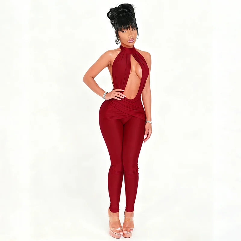 Halter Backless Jumpsuit Woman Sexy Hollow Fit Patchwork Waist Ruched Midnight Activity Workout Streetwear Overalls