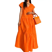 women sundress  Loose V-neck Patchwork Short Sleeves Solid Color Beach Dress Summer Women Dress Elegant Large Hem Maxi Dress