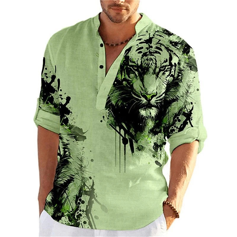 Men's 3D Button Shirt T-shirt Summer New Fashion Personalized Graffiti Standing Collar Casual Long sleeved Shirt Extra Large