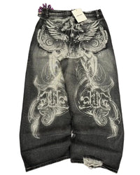 Jaede Lindon Wing Print Jeans Retro Gothic Trendy Loose Pants Oversized Washed Hip-hop Harajuku Pattern Couple Wide Pants