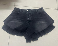 Fashion 2025 Summer New Collection Multi Layer Ruffles Patchwork Light Blue Wide Leg Denim Shorts Women High-waist Short Jeans