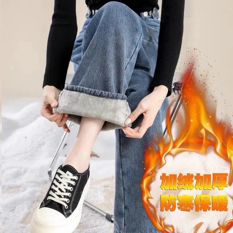 Women Warm Wide Leg Jeans High Waist Velvet Vaqueros Casual Thick Baggy Pantalon Korean Fashion Straight Denim Trousers Winter