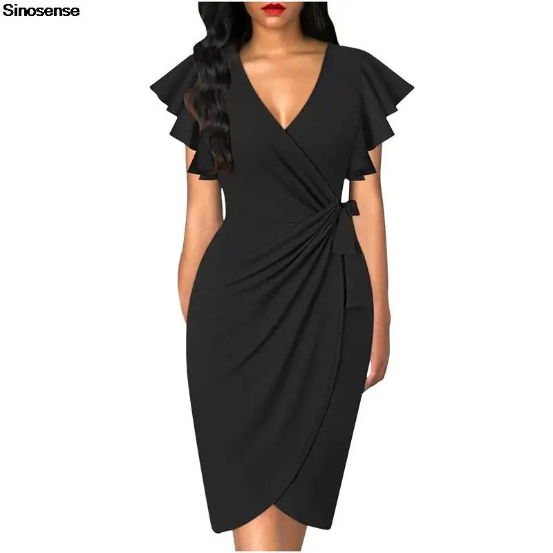 Women Vintage Floral Cocktail Party Dress Sexy V Neck Ruffle Sleeve Ruched Slim Pencil Dress OL Business Work Office Midi Dress