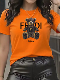 summer Graphic T-Shirt Short Sleeve Crew Neck with Soft Comfortable Spring Women's Light Blue Casual Teddy Bear