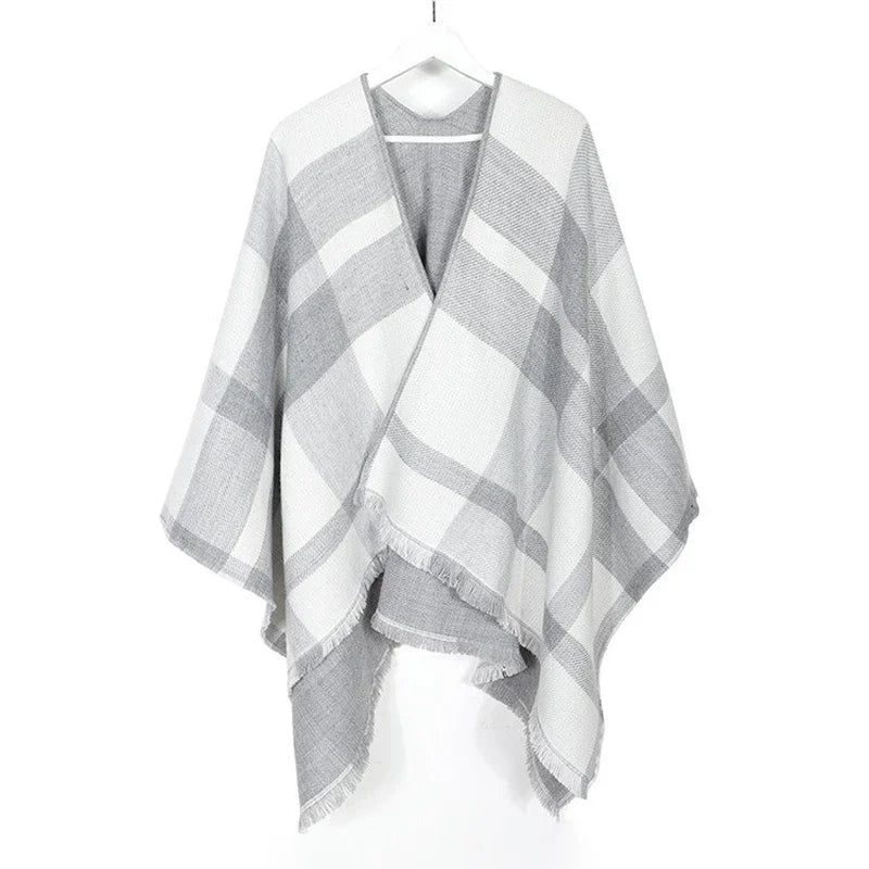 2023 Women's V-neck Cashmere Bat Sleeved Poncho Cape Coat Shawl Cardigan Argyle with Tassels Detail Female Spring Autumn Ponchos