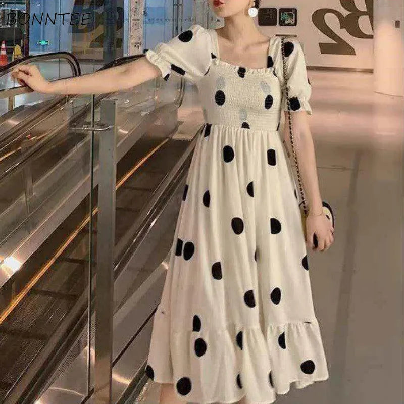 Short Sleeve Dresses Women Polka Dot Elegant French Retro Design New 2XL Female Clothes Party Korean Style Ruffles Trendy Cute