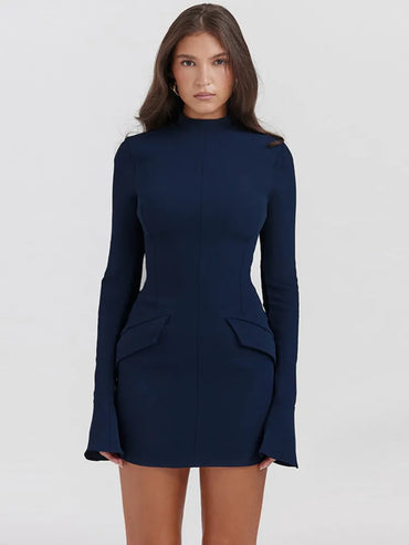 Mozision Dark Blue Two Pocket Sexy Mini Dress For Women 2023 Autumn Winter New Long Sleeve Bodycon Club Party Dress Elegant