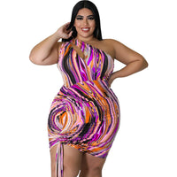 Multicolored Stripes Printing Dress Woman Sexy Hollow Out One Shoulder Sleeveless Drawstring Party Bodycon Dress Summer