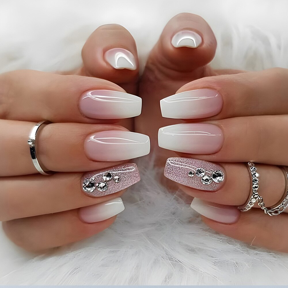 24pcs False Nails with glue flower design Long Coffin French Ballerina Fake Nails Full Cover acrylic Nail