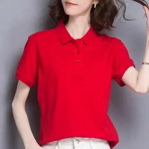 T-shirts Button Red Plain Women's Polo 100℅ Cotton Fashion 2025 Cheap Female Tee Tops Pretty Korean Popular Clothes Synthetic
