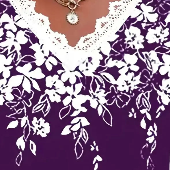 Large size women's fashionable temperament lace patchwork V-neck print off shoulder sleeves lace patchwork top