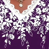 Large size women's fashionable temperament lace patchwork V-neck print off shoulder sleeves lace patchwork top