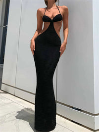 wsevypo Halter Maxi Bodycon Women Dress 2022 Summer Sexy Hollow Out Backless Wrapped Long Party Dresses Club Beach Sundress