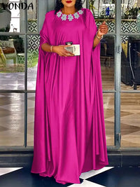 Plus Size 5XL VONDA Women Party Summer Long Maxi Dress Fashion Satin Sundress Bohemian Round Neck 3/4 Bat Sleeve Vestidos Robe