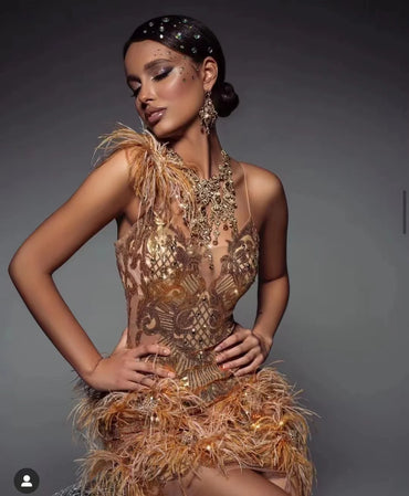 High Quality Gold Feathers Sleeveless Bodycon Dress Elegant Evening Party Dress Vestidos