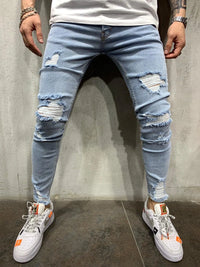 Punk Street Ripped Skinny Jeans Men Vintage Wash Solid Denim Trouser Mens Casual Slim Fit Pencil Denim Holes out Pants 2024
