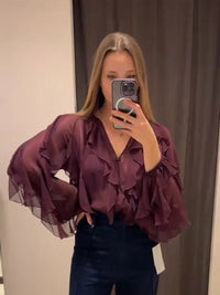 Spring Solid Ruffle Blouse Women 2025 New V Neck Single Breasted Long Sleeve Blouses Vintage Fashion Casual Shirt Tops Female