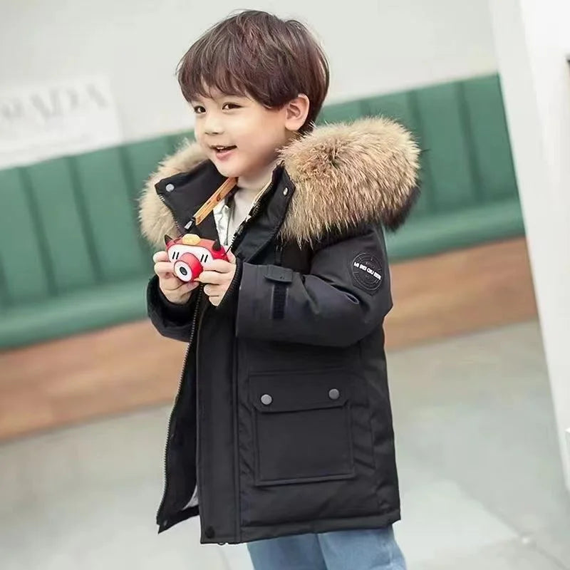 -30℃ Winter Kids Thick Warm Jacket Children Padded Plus Velvet Parkas Coat Boys Girls Fur Collar Hooded Cotton Clothes Outerwear