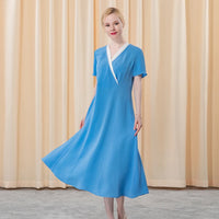 41 Momme Silk Colorblock V-neck Sweet Pink Slim Summer Dress Bright Line Decoration Office Short Sleeve Midi Dresses A028