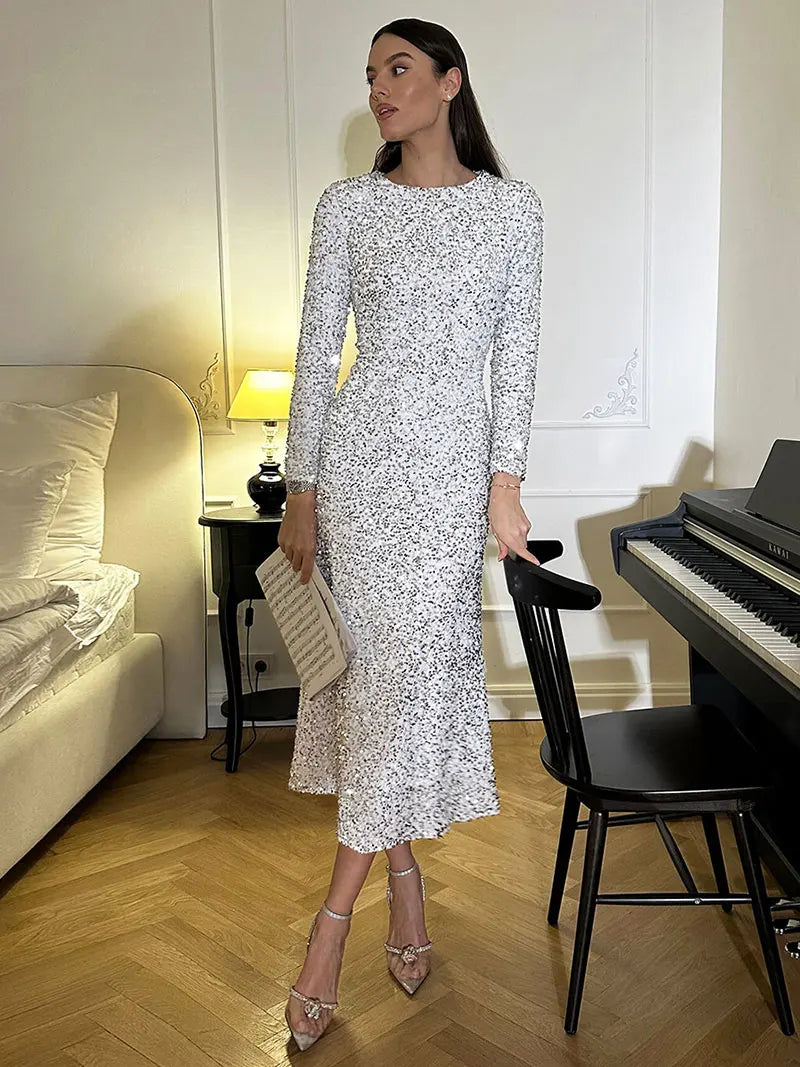 GACVGA Fashion Sequined Party Slim Midi Dress For Women 2025 Autumn Winter Elegant Long Sleeve Sexy Bodycon Evening Dresses