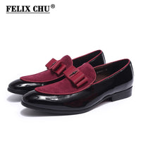 Handmade Mens Loafer Shoes Genuine Patent Leather Suede Patchwork with Bow Tie Wedding Footwear Banquet Dress Shoes for Men