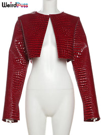 Weird Puss Faux Leather Jacket Women Hipster Snake Print Fall Trend O-Neck Full Sleeve Street Wild Basic Outwear Crop Overcoat