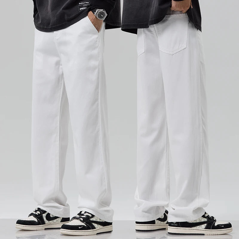 Men's White Jeans, Summer Thin Ice Silk Loose Straight Leg Wide Leg Pants, Fashionable Washed and Hanging Casual Versatile Pants