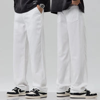 Men's White Jeans, Summer Thin Ice Silk Loose Straight Leg Wide Leg Pants, Fashionable Washed and Hanging Casual Versatile Pants