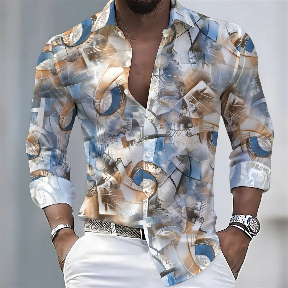 New men's artistic printed long-sleeved shirt, retro color-blocked design, casual shirt, versatile and stylish top for commuting