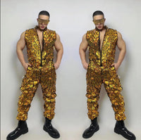 Reflective Laser Sequins Sleeveless Jumpsuit Mirror Overalls Men Singer Bar Nightclub Hip Hop Dance Costume Sexy DJ Stage Wear